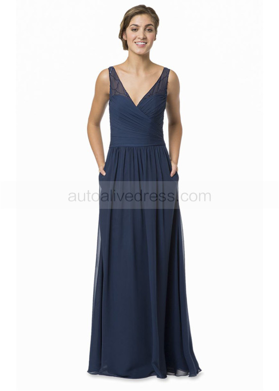 Slim V Neck Navy Blue Chiffon Bridesmaid Dress